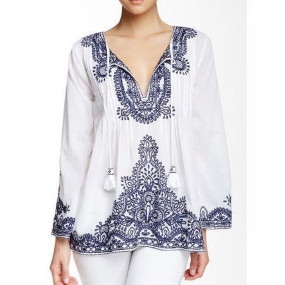 Calypso St Barth Embroidered Pleated Beaded Long Sleeve Tunic Beachy Coastal Top